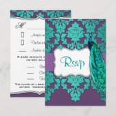 Peacock Aqua & Lila Damask Hochzeitskarten RSVP Karte (Vorne/Hinten)