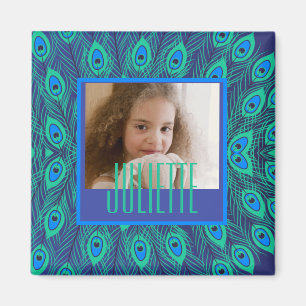 Peacock Aquamarin & Blue Feathers Custom Text & Fo Magnet