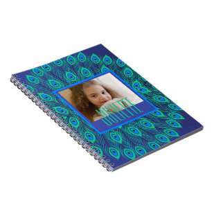 Peacock Aquamarin & Blue Feathers Custom Text & Fo Notizblock
