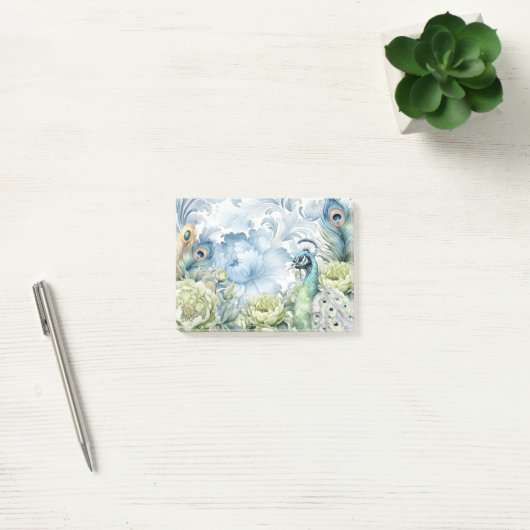 Peacock Aquamarin & Sage Feathers Floral Damask Post-it Klebezettel (Büro)
