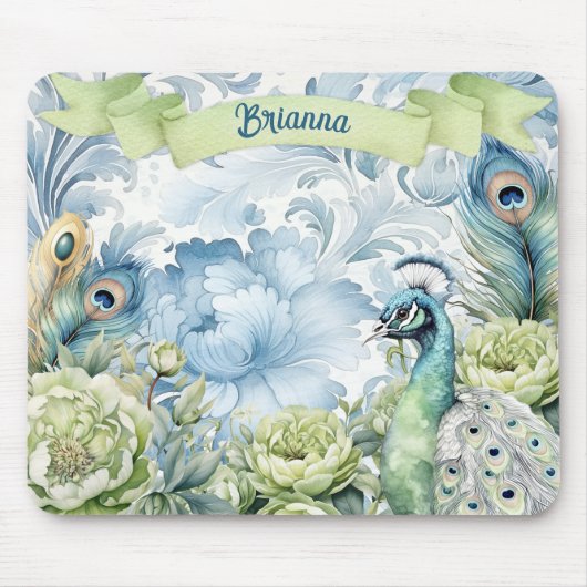 Peacock Aquamarin & Sage Feathers Personalisiert Mousepad (Vorne)