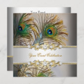 Peacock Aquamarines blaues Gold Elegantes Party Einladung (Vorne/Hinten)