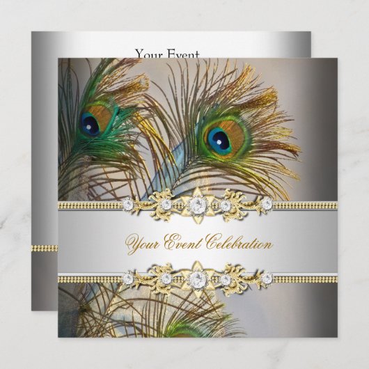 Peacock Aquamarines blaues Gold Elegantes Party Einladung (Vorne/Hinten)