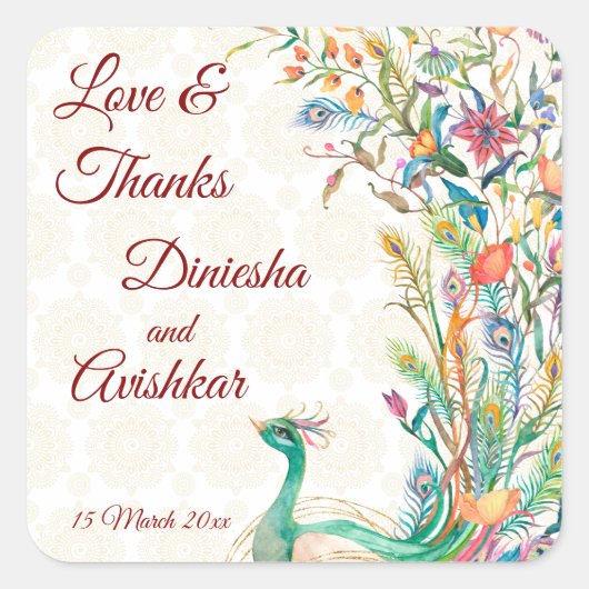 Peacock Arabian Muster indische Gastgeschenk Hochz Quadratischer Aufkleber (Vorderseite)