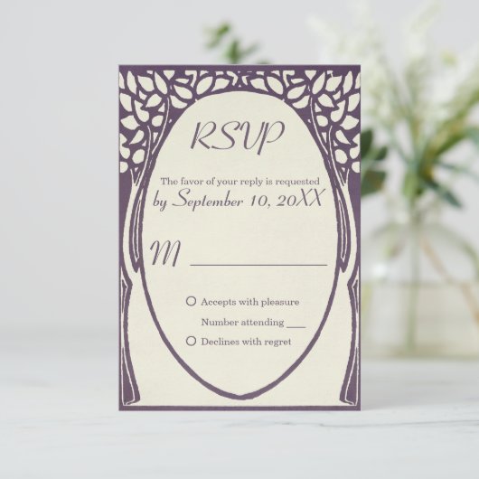 Peacock art Deko violet und Elfenbein WEDDING rsvp (Stehend Vorderseite)
