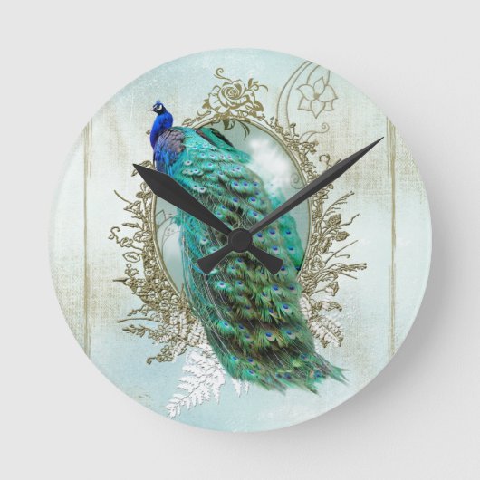 peacock beautiful turquoise vintage shabby bird runde wanduhr (Vorderseite)