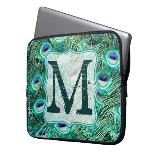 Peacock Bird Feather Aquamarin Monogram 15" Laptop Laptopschutzhülle (Vorderseite Links)