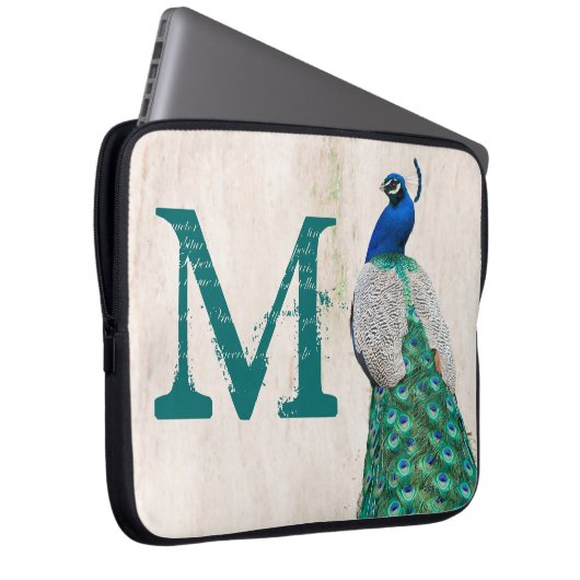 Peacock Bird Feather Aquamarin Monogram 15" Laptop Laptopschutzhülle (Vorne Rechts)