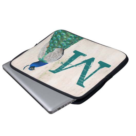 Peacock Bird Feather Aquamarin Monogram 15" Laptop Laptopschutzhülle (Vorne Knopf)