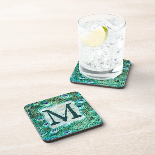 Peacock Bird Feather Aquamarin Monogram Drink Unte Getränkeuntersetzer (Rechte Seite)