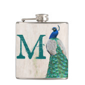 Peacock Bird Feather Aquamarin Monogram Whiskey Fl Flachmann (Vorderseite)