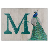 Peacock Bird Feather Monogram Glashallplatine Schneidebrett (Vorderseite)