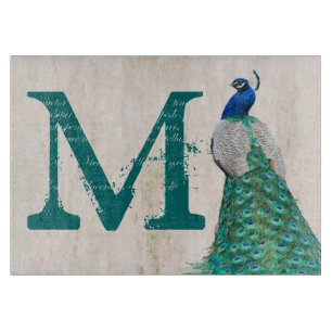 Peacock Bird Feather Monogram Glashallplatine Schneidebrett