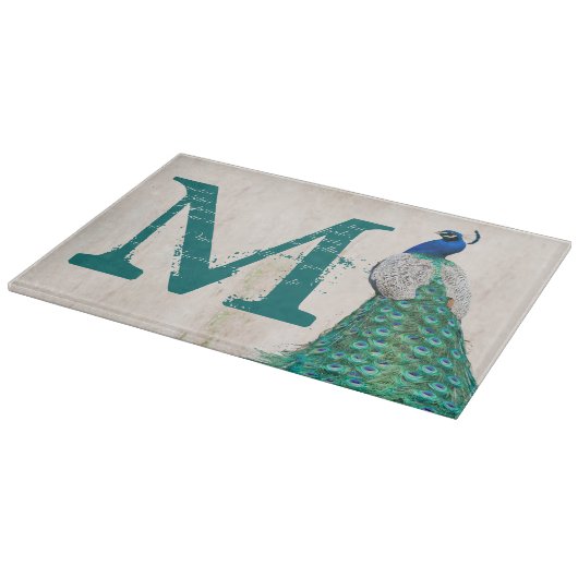 Peacock Bird Feather Monogram Glashallplatine Schneidebrett (Ecke)