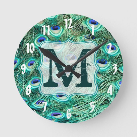 Peacock Bird Feather Monogram Initial Wall Clock Runde Wanduhr (Vorderseite)