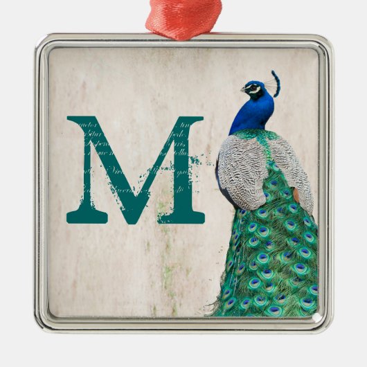 Peacock Bird Feather Tea Monogram, Initial Ornamen Silbernes Ornament (Vorne)
