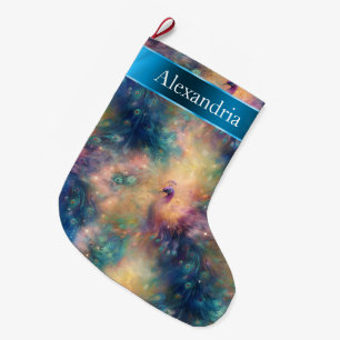 Peacock Bird Feathers Blue Gold Weihnachtsname Großer Weihnachtsstrumpf