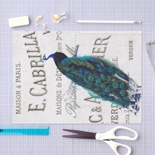 Peacock Bird Französisches Skript Ephemera Decoupa Seidenpapier (Handwerk)