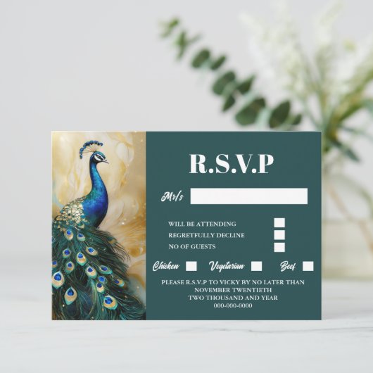 Peacock bird luxuriöse 3D dunkle aquamarine Smaral RSVP Karte (Stehend Vorderseite)
