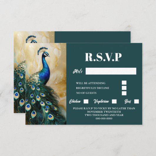 Peacock bird luxuriöse 3D dunkle aquamarine Smaral RSVP Karte (Vorne/Hinten)
