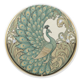 Peacock Bird Sage Green & Gold Art Deco Nouveau Keramikknauf