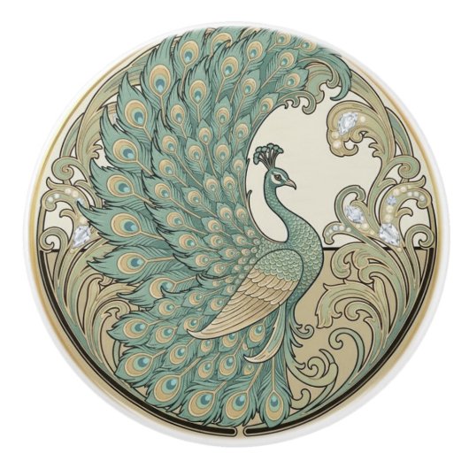 Peacock Bird Sage Green & Gold Art Deco Nouveau Keramikknauf (Vorderseite)