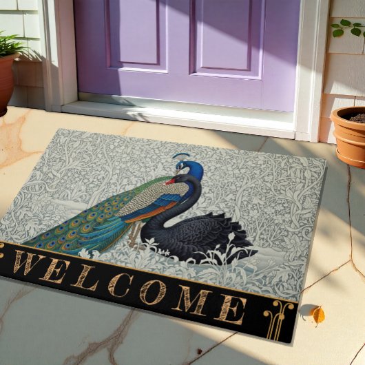 Peacock & Black Swan Art Nuovo Floral Winter /Gold Fußmatte