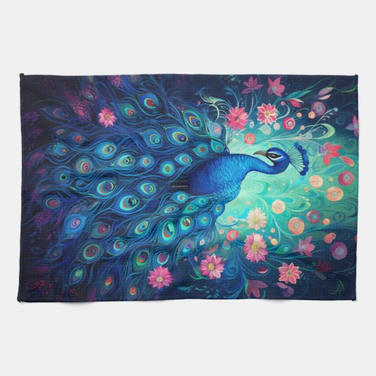 Peacock - Blaue grüne Aquafedern und rosa Blume Geschirrtuch (Horizontal)