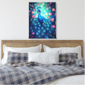Peacock - Blaue grüne Aquafedern und rosa Blume Leinwanddruck (Insitu (Schlafzimmer))