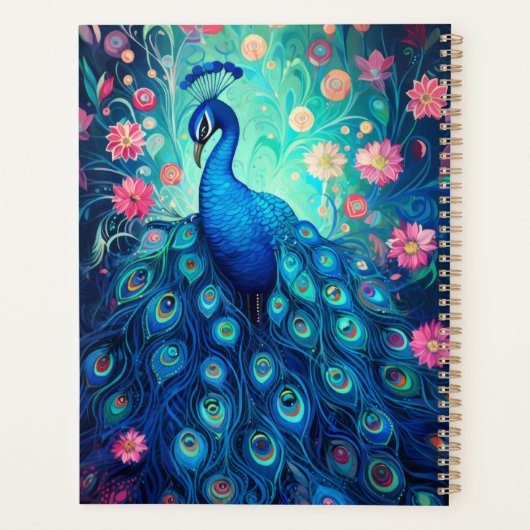 Peacock - Blaue grüne Aquafedern und rosa Blume Planer (Rückseite)