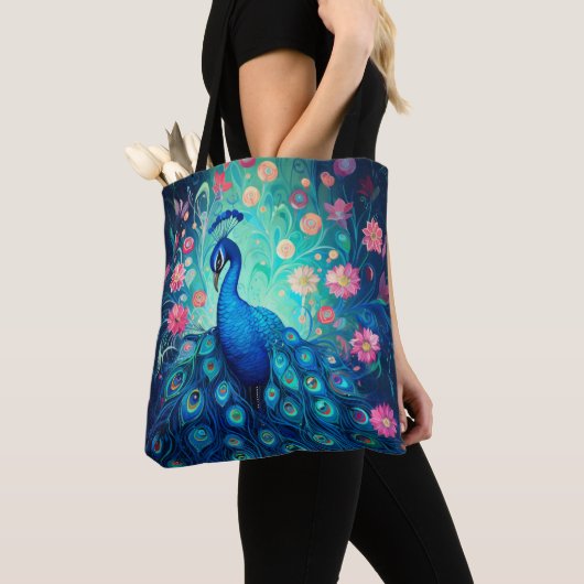 Peacock - Blaue grüne Aquafedern und rosa Blume Tasche (Von Nahem)