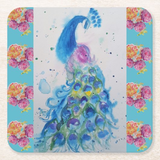 Peacock Blue Bird Watercolor Aqua Rose Untersetzer (Vorderseite)