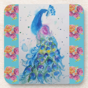 Peacock Blue Bird Watercolor Aqua Rose Untersetzer