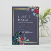 Peacock Blue Burgundy Winter Hochzeit im Herbst Einladung (Stehend Vorderseite)