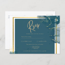 Peacock Blue Gold Alkohol INK Chic Wedding RSVP Postkarte