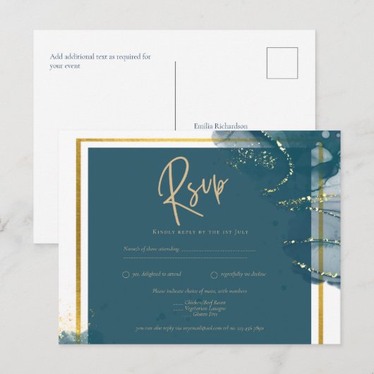 Peacock Blue Gold Alkohol INK Chic Wedding RSVP Postkarte (Vorne/Hinten)