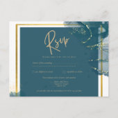 Peacock Blue Gold Alkohol INK Chic Wedding RSVP Postkarte (Vorderseite)