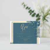 Peacock Blue Gold Alkohol INK Chic Wedding RSVP Postkarte (Stehend Vorderseite)