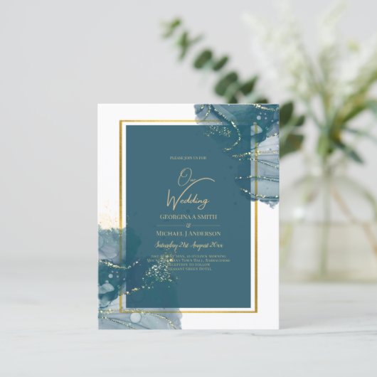 Peacock Blue Gold Alkohol INK Chic Wedite Einladun (Stehend Vorderseite)