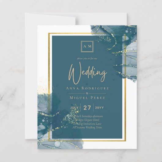 Peacock Blue Gold Alkohol INK Chic Wedite Einladun (Vorderseite)