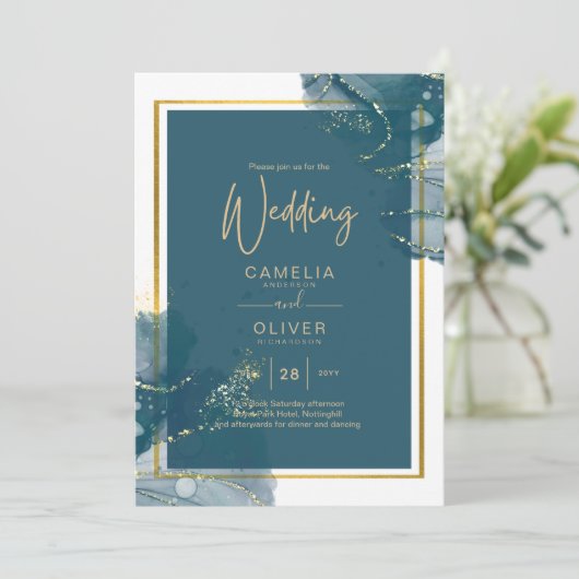 Peacock Blue Gold Alkohol INK Chic Wedite Einladun Einladung (Stehend Vorderseite)