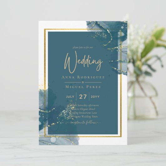 Peacock Blue Gold Alkohol INK Chic Wedite Einladun Einladung (Stehend Vorderseite)