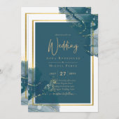 Peacock Blue Gold Alkohol INK Chic Wedite Einladun Einladung (Vorne/Hinten)