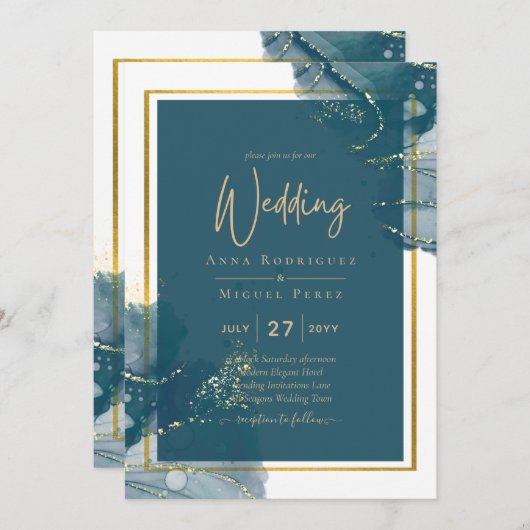 Peacock Blue Gold Alkohol INK Chic Wedite Einladun Einladung (Vorne/Hinten)