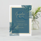 Peacock Blue Gold Alkohol INK Chic Wedite Einladun Einladung (Stehend Vorderseite)