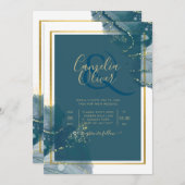 Peacock Blue Gold Alkohol INK Chic Wedite Einladun Einladung (Vorne/Hinten)