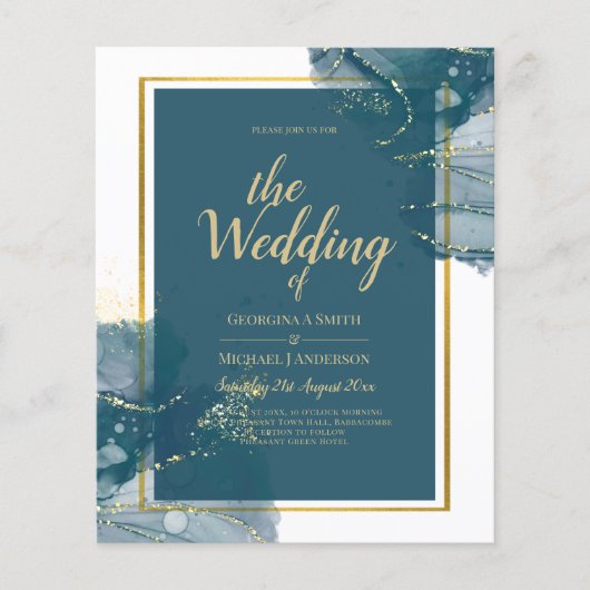 Peacock Blue Gold Alkohol INK Chic Wedite Einladun Flyer (Vorne)