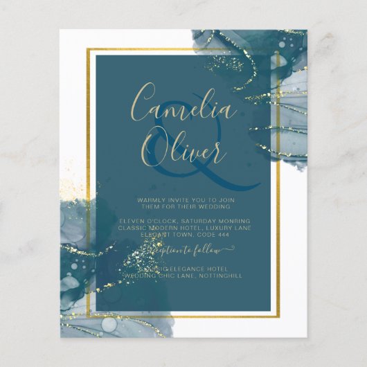 Peacock Blue Gold Alkohol INK Chic Wedite Einladun Flyer (Vorne)