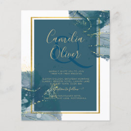 Peacock Blue Gold Alkohol INK Chic Wedite Einladun Flyer