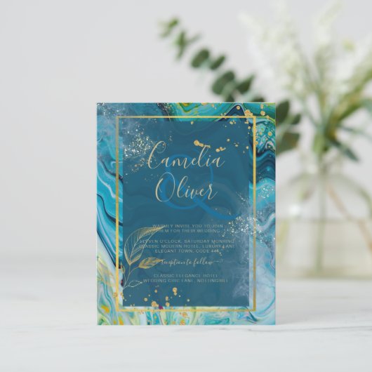 Peacock Blue Gold INK Abstrakt Wedding (Stehend Vorderseite)